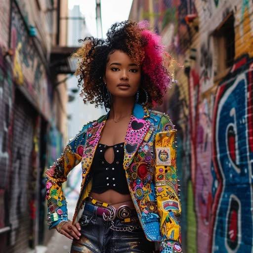 Bold colorful streetwear in a graffiti alley